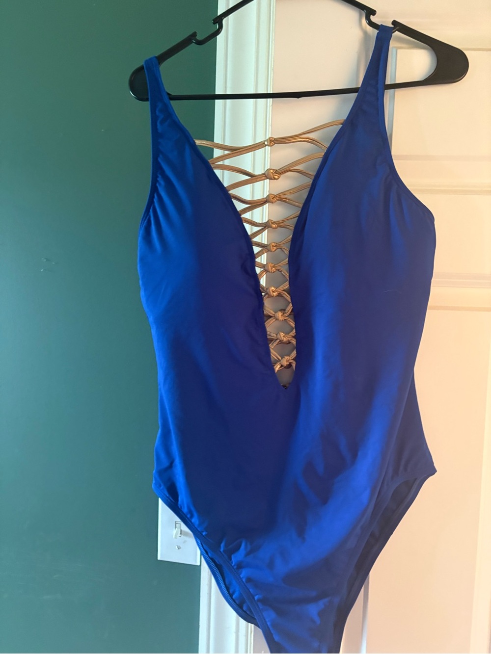 Bleu Rod Beattie Royal Blue One-Piece With Gold Lattice Back